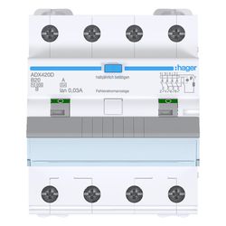 hager Fehlerstrom-Leitungsschutzschalter, FI/LS-Schalter 4-polig 10kA B-20A 30mA Typ A... HAGER-ADX420D 3250611016977 (Abb. 1)