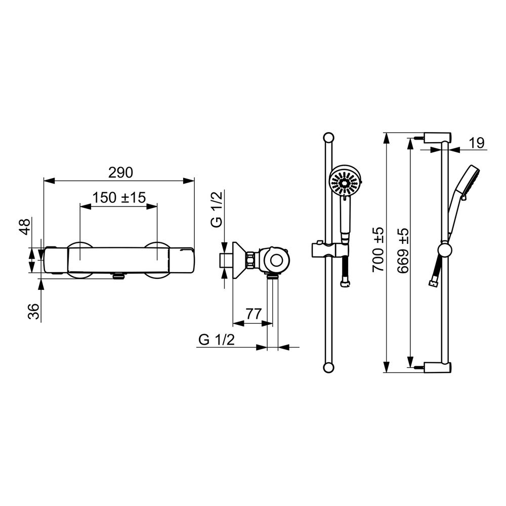 Hansa Basic Brausebatterie mit Brausegarnitur, 3-strahlig, DN 15, Chrom, 55150131... HANSA-55150131 4057304019173 (Abb. 6)