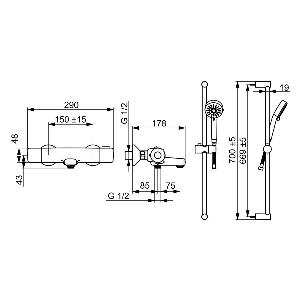 Hansa Basic Wanne und Brause-Armatur mit Brausestangengarnitur, 3-strahlig, Ausladung 1... HANSA-55162131 4057304019180 (Abb. 6)
