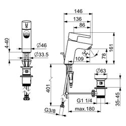 Hansa Vantis Einhebel-Waschtischbatterie, Ablaufgarnitur mit Zugstange, Ausladung 109mm... HANSA-52402267 4057304017162 (Abb. 1)