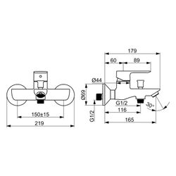 Hansa Basic Einhebelmischer Wannenfüll- und Brausebatterie, Ausladung 165mm, DN 15, Chr... HANSA-55442103 4057304019067 (Abb. 1)