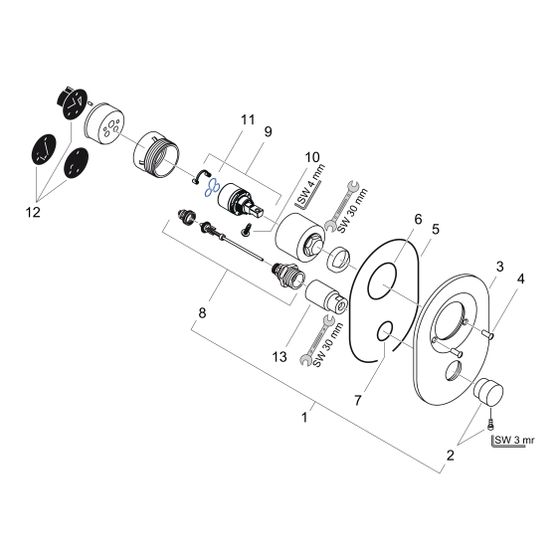 hansgrohe Umrüstset Chrom von Kugelkartusche auf M3 Kartusche für Wannenmischer Unterputz 80mm