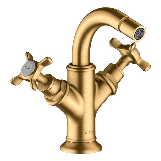 Hansgrohe AXOR Montreux 2-Griff Bidetarmatur, 7,5l/min, Kreuzgriffen, Zugstangen-Ablaufgarnitur, Brushed Brass