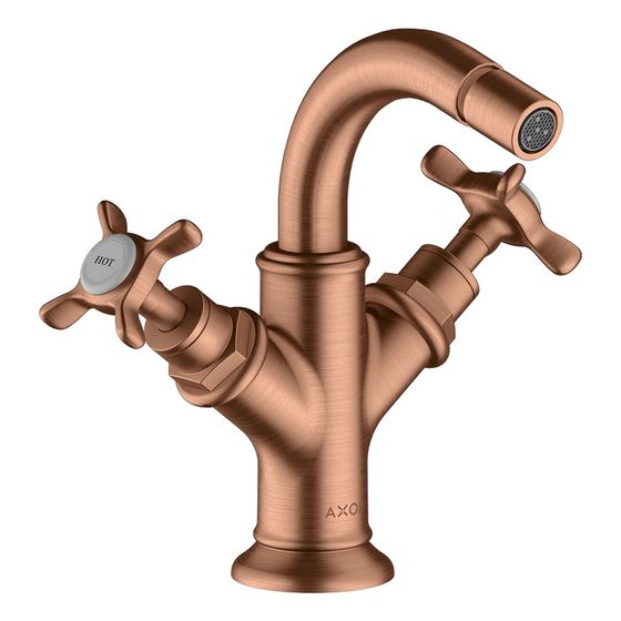 Hansgrohe AXOR Montreux 2-Griff Bidetarmatur, 7,5l/min, Kreuzgriffen, Zugstangen-Ablaufgarnitur, Brushed Red Gold