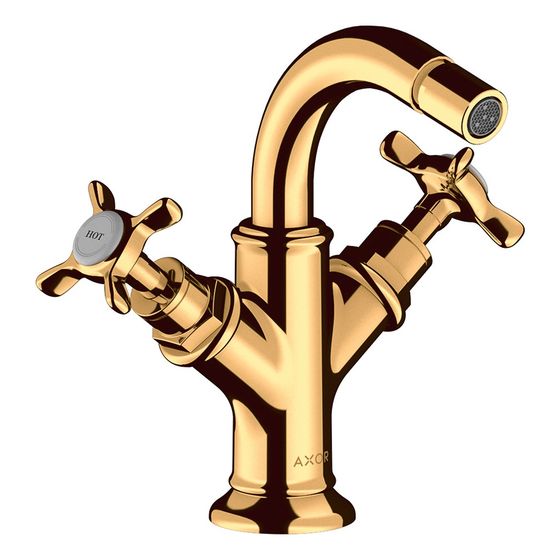 Hansgrohe AXOR Montreux 2-Griff Bidetarmatur, 7,5l/min, Kreuzgriffen, Zugstangen-Ablaufgarnitur, Polished Gold Optic