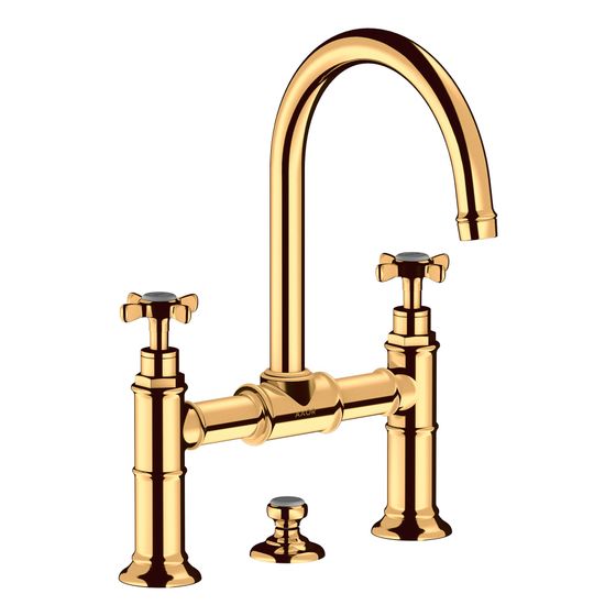 Hansgrohe AXOR Montreux 2-Griff Waschtischarmatur 220mm, 5l/min, Kreuzgriffen, Zugstangen-Ablaufgarnitur, Polished Gold Optic