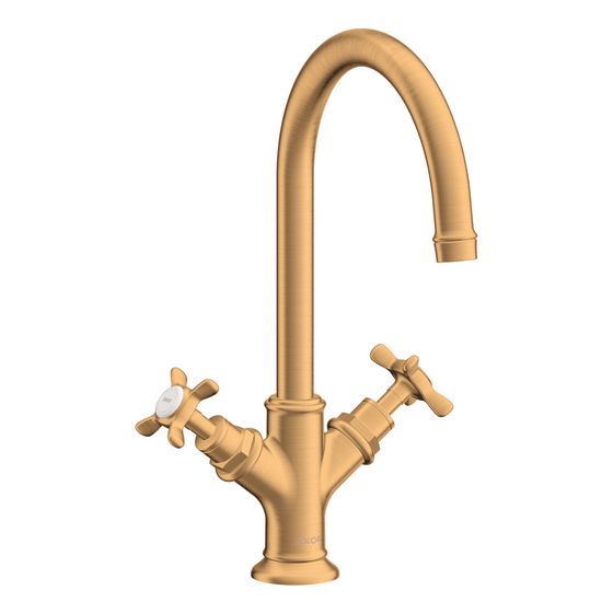Hansgrohe AXOR Montreux 2-Griff Waschtischarmatur 210mm, 5l/min, Kreuzgriffen, Zugstangen-Ablaufgarnitur, Brushed Gold Optic
