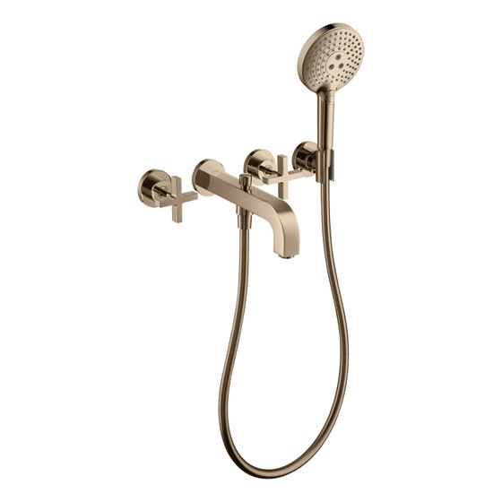 Hansgrohe AXOR Wannenarmatur Citterio 3-Loch Unterputz Wandmontage, Handbrause, Kreuzgriffen, Rosetten, Polished Red Gold