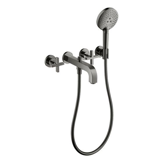 Hansgrohe AXOR Wannenarmatur Citterio 3-Loch Unterputz Wandmontage, Handbrause, Kreuzgriffen, Rosetten, Polished Black Chrome