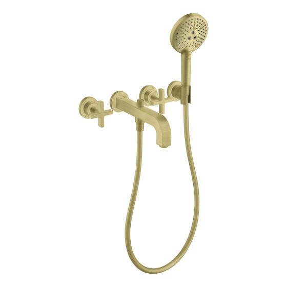 Hansgrohe AXOR Wannenarmatur Citterio 3-Loch Unterputz Wandmontage, Handbrause, Kreuzgriffen, Rosetten, Brushed Brass