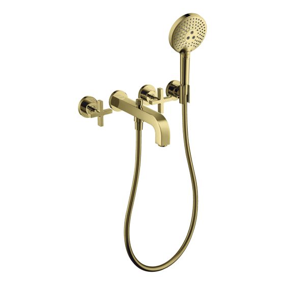 Hansgrohe AXOR Wannenarmatur Citterio 3-Loch Unterputz Wandmontage, Handbrause, Kreuzgriffen, Rosetten, Polished Gold Optic