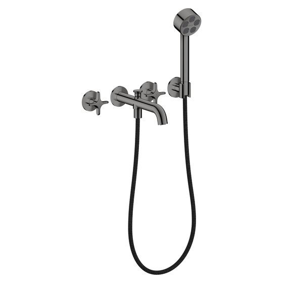 Hansgrohe AXOR One 3-Loch Wannenarmatur Unterputz 25,7l/min für Wandmontage, Kreuzgriffen, Handbrause, Polished Black Chrome