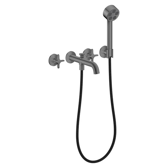 Hansgrohe AXOR One 3-Loch Wannenarmatur Unterputz 25,7l/min für Wandmontage, Kreuzgriffen, Handbrause, Brushed Black Chrome