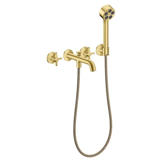 Hansgrohe AXOR One 3-Loch Wannenarmatur Unterputz 25,7l/min für Wandmontage, Kreuzgriffen, Handbrause, Brushed Brass