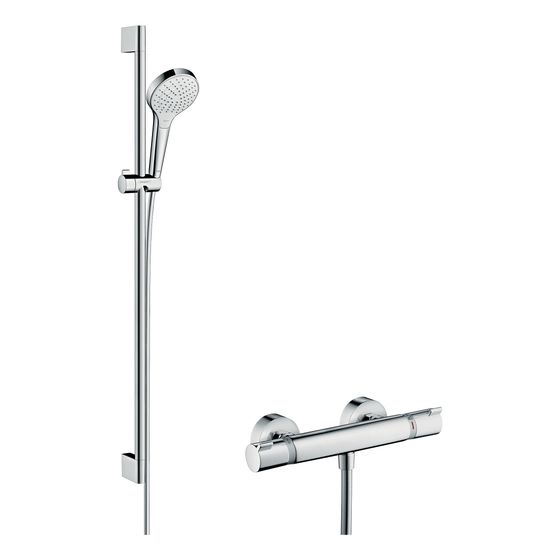 hansgrohe Croma Select S Brausesystem Aufputz Vario mit Brausestange 900mm Ecostat Comfort Thermostat, Weiß/Chrom