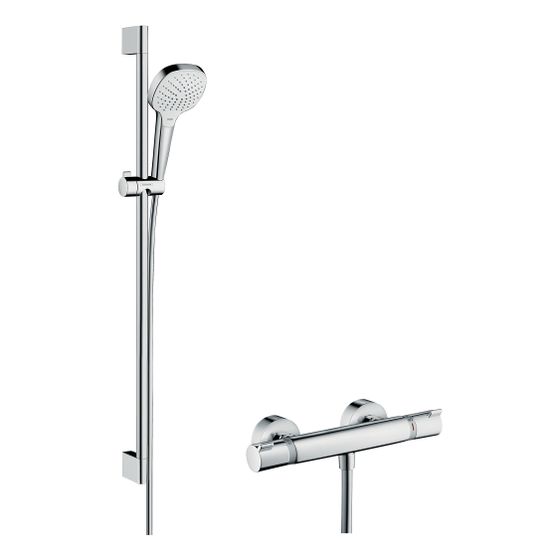 hansgrohe Croma Select E Brausesystem Aufputz Vario, 900mm Brausestange, Weiß/Chrom, Ecostat Comfort Thermostat