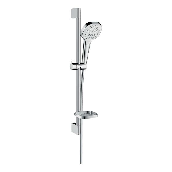 hansgrohe Croma Select E Brauseset 110mm Vario 14,7l/min mit Brausestange 650mm, Seifenschale, Weiß/Chrom