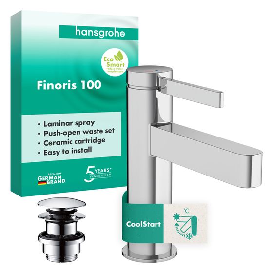 Hansgrohe Finoris Einhebel-Waschtischmischer 100mm, 5l/min, CoolStart, Push-Open Ablaufgarnitur, Chrom