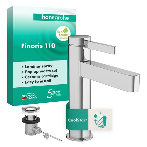 Hansgrohe Finoris Einhebel-Waschtischmischer 110mm, 5l/min, CoolStart, Zugstangen-Ablaufgarnitur, Chrom