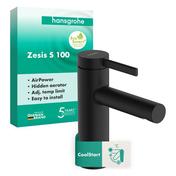 Hansgrohe Zesis S Einhebel-Waschtischmischer 100 CoolStart mit Zugstangen-Ablaufgarnitur, Mattschwarz