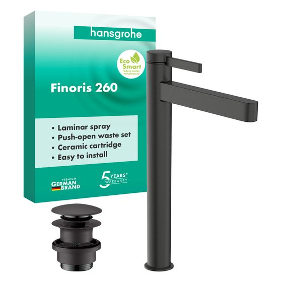 Hansgrohe Finoris Einhebel-Waschtischmischer 260mm, 5l/min, für AWT, Push-Open Ablaufgarnitur, Brushed Black Chrome