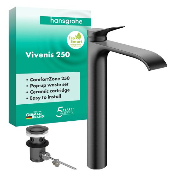 Hansgrohe Vivenis Einhebel-Waschtischmischer 250mm, 5l/min, für AWT, Zugstangen-Ablaufgarnitur, Brushed Black Chrome