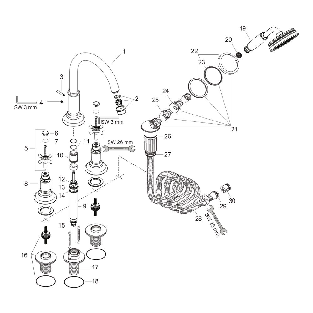 Hansgrohe AXOR Montreux 4-Loch Fliesenrandarmatur, 21l/min, Kreuzgriffen, Brushed B... HANSGROHE-16544140 4011097881775 (Abb. 2)