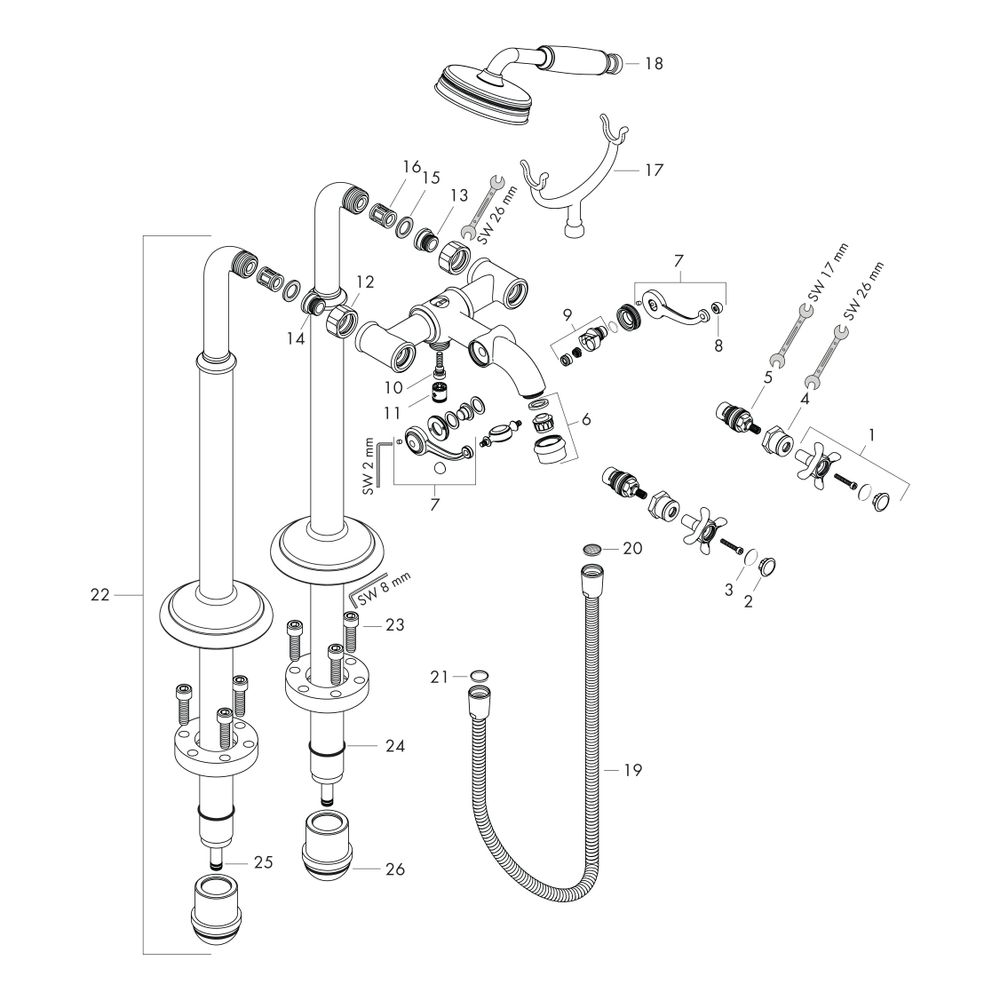 Hansgrohe AXOR Montreux 2-Griff Wannenarmatur bodenstehend, 16,5l/min, Kreuzgriffen... HANSGROHE-16547310 4011097819051 (Abb. 2)