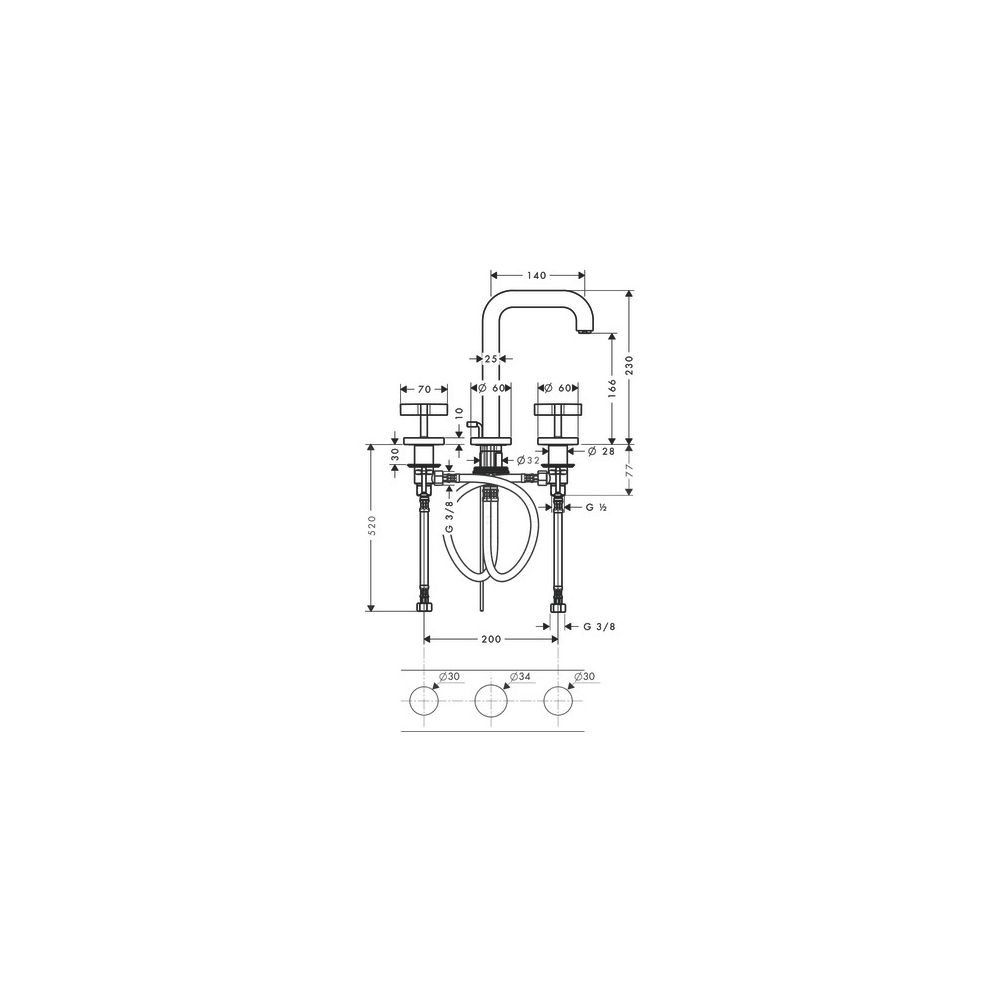 Hansgrohe AXOR Citterio 3-Loch Waschtischarmatur 170, Auslauf 140mm, Kreuzgriffen, ... HANSGROHE-39133140 4011097915777 (Abb. 2)