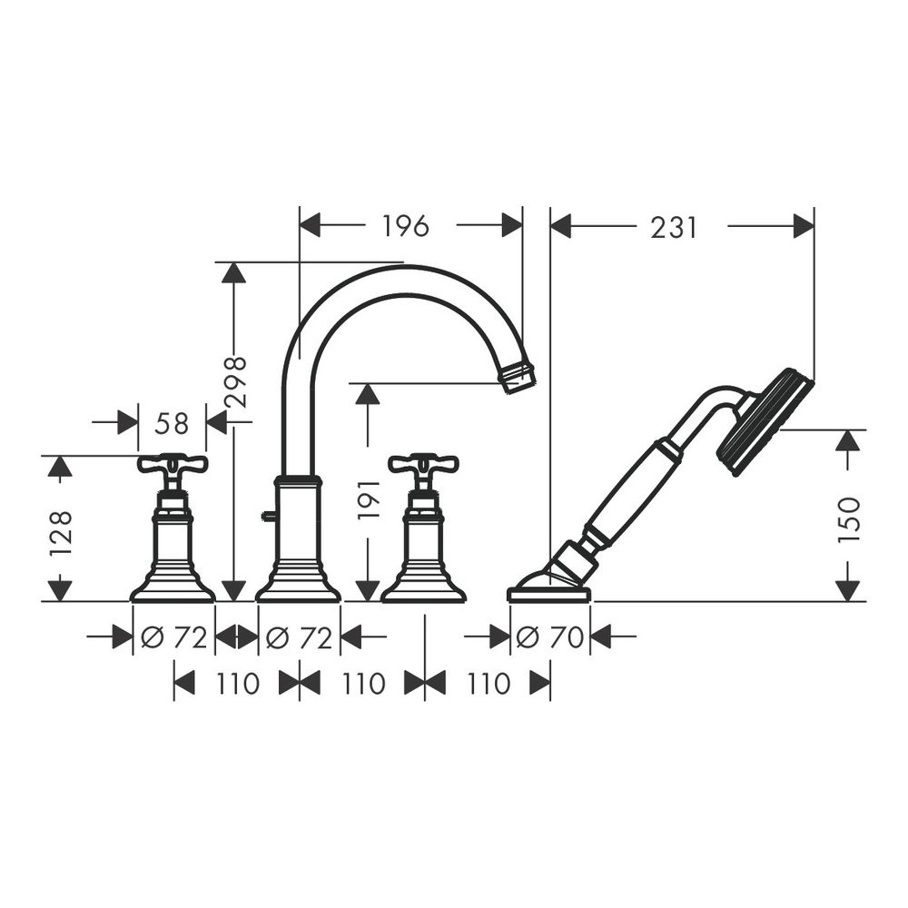 Hansgrohe AXOR Montreux 4-Loch Fliesenrandarmatur, 21l/min, Kreuzgriffen, Brushed B... HANSGROHE-16544950 4011097881751 (Abb. 2)