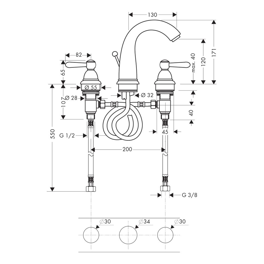 Hansgrohe AXOR Carlton 3-Loch Waschtischarmatur Standmontage Hebelgriff, hoher Ausl... HANSGROHE-17134090 4011097734248 (Abb. 3)