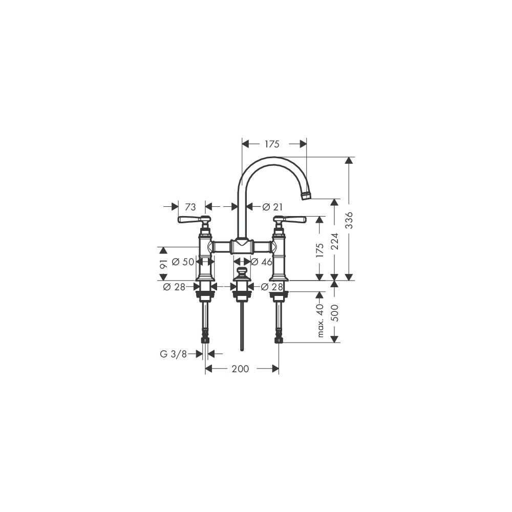 Hansgrohe AXOR Montreux 2-Griff Waschtischarmatur 220mm, 5l/min, Hebelgriff, Zugsta... HANSGROHE-16511950 4011097879444 (Abb. 2)