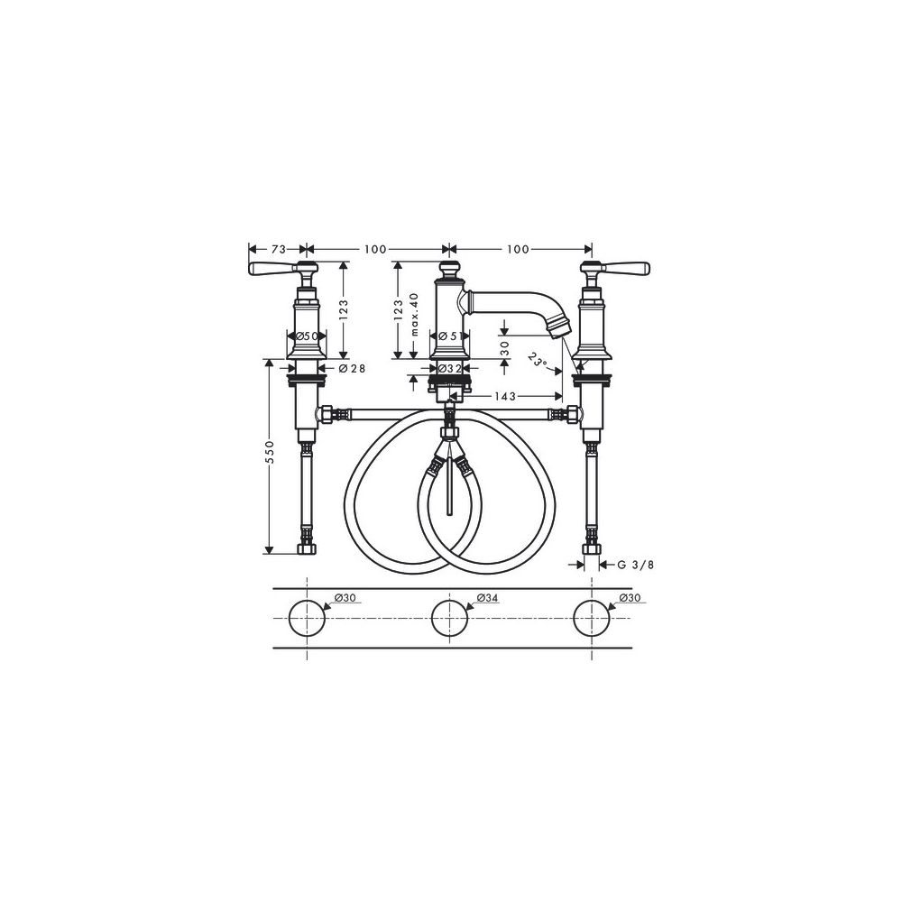 Hansgrohe AXOR Montreux 3-Loch Waschtischarmatur 30mm, 5l/min, Hebelgriff, Zugstang... HANSGROHE-16535950 4059625018095 (Abb. 2)