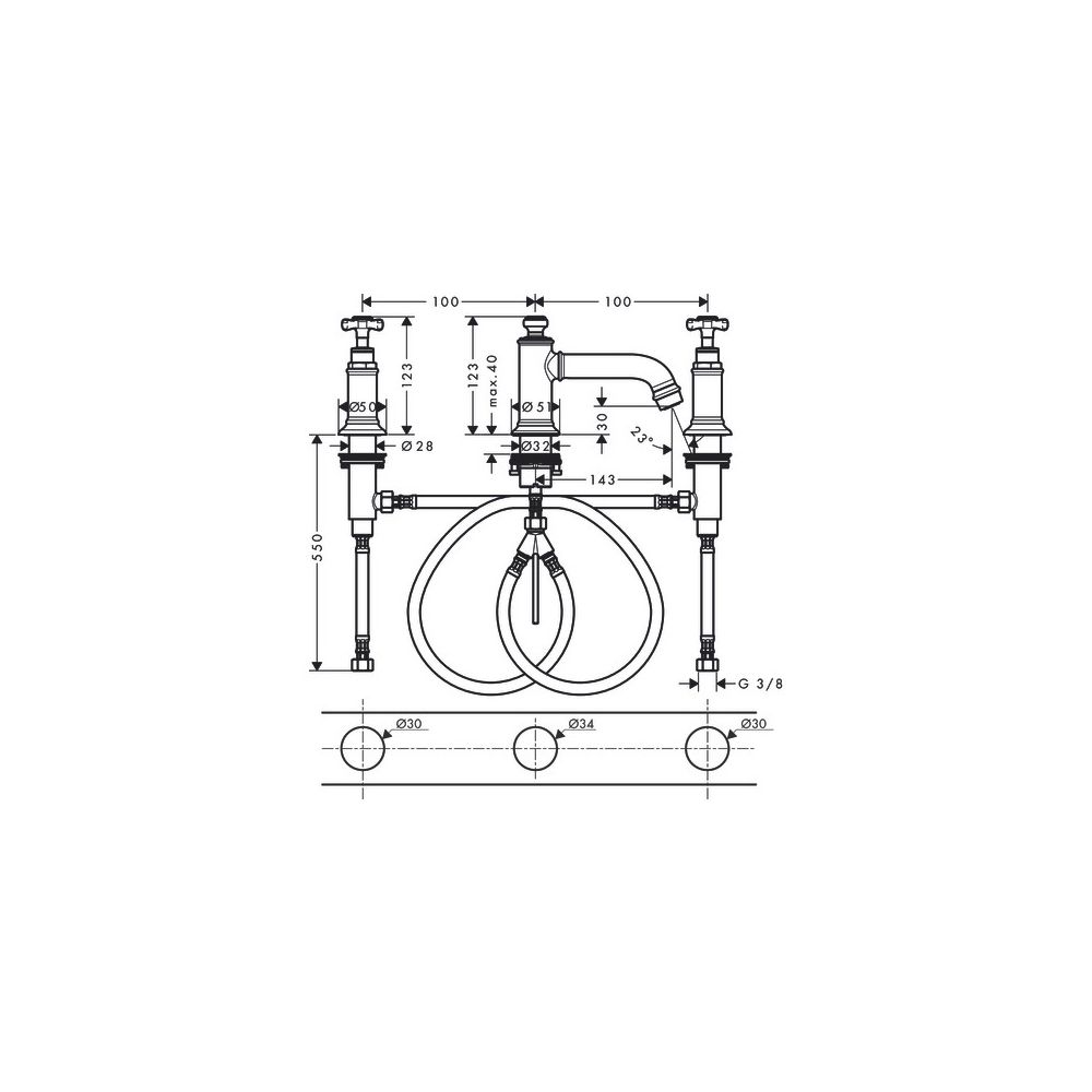 Hansgrohe AXOR Montreux 3-Loch Waschtischarmatur 30mm, 5l/min, Kreuzgriffen, Zugsta... HANSGROHE-16536300 4059625018330 (Abb. 2)