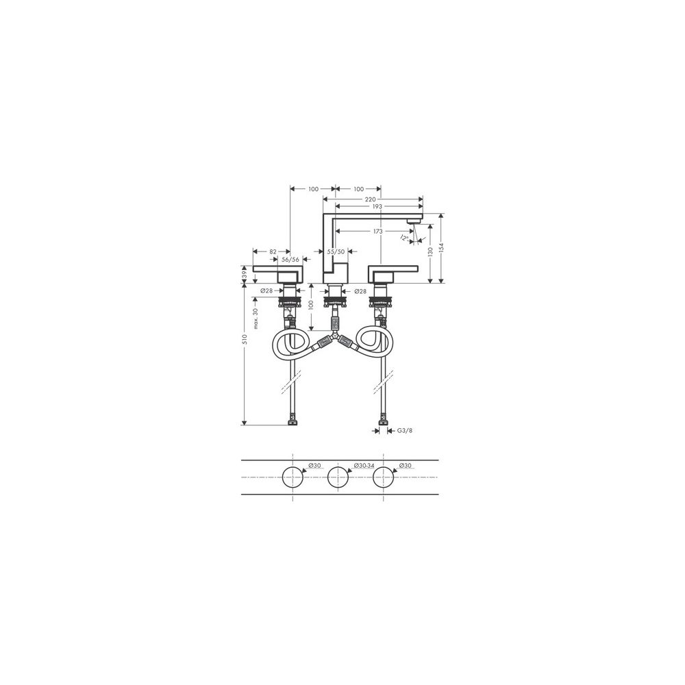 Hansgrohe AXOR Edge 3-Loch Waschtischarmatur 130mm, 5l/min, Push-Open Ablaufgarnitu... HANSGROHE-46051300 4059625265260 (Abb. 2)