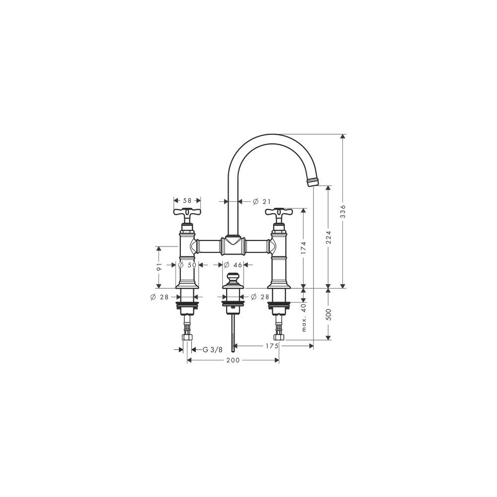 Hansgrohe AXOR Montreux 2-Griff Waschtischarmatur 220mm, 5l/min, Kreuzgriffen, Zugs... HANSGROHE-16510330 4011097879390 (Abb. 2)