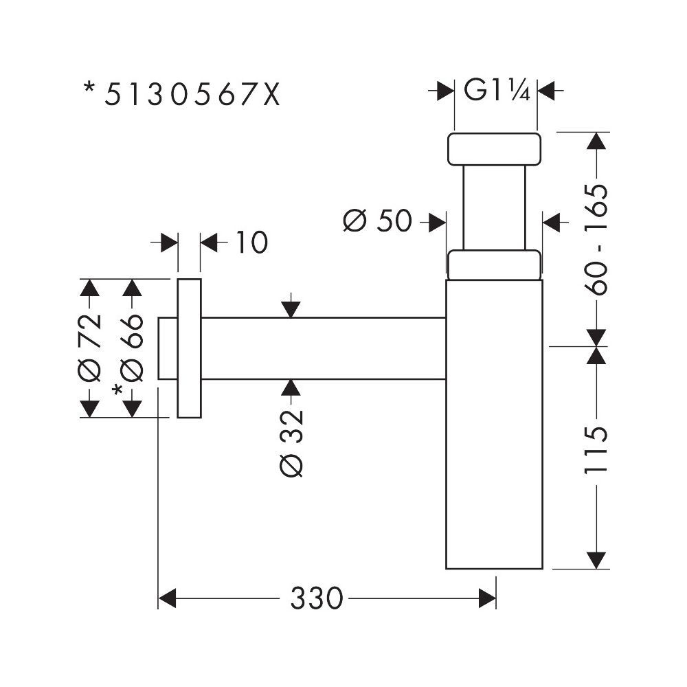 Hansgrohe Flaschensiphon AXOR Flowstar S, G 1 1/4", 60-165mm, GV Stauwasserhöhe 75m... HANSGROHE-51305990 4059625171998 (Abb. 3)