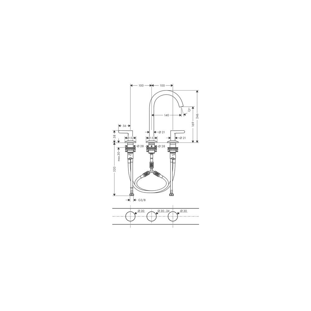 Hansgrohe AXOR One 3-Loch Waschtischarmatur 170mm, 5l/min, Hebelgriff, Push-Open Ab... HANSGROHE-48050250 4059625371107 (Abb. 2)