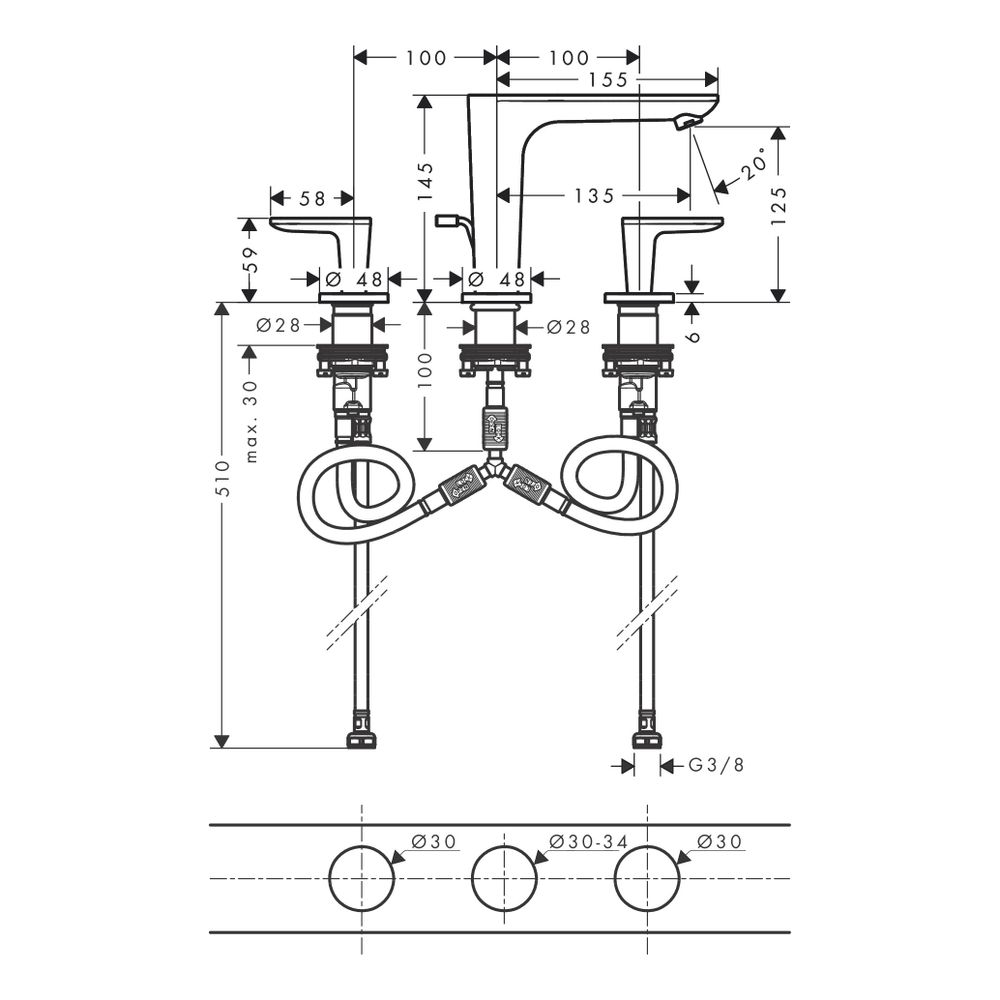 Hansgrohe AXOR Citterio C 3-Loch Waschtischarmatur 125, DN 15, Zugstangen-Ablaufgar... HANSGROHE-49061800 4059625571606 (Abb. 2)