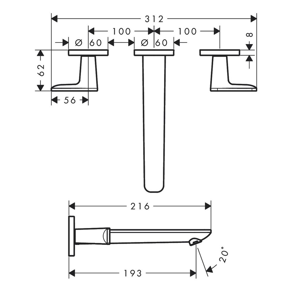 Hansgrohe AXOR Waschtischarmatur Citterio C 3-Loch UP, Wandmontage, Auslauf 195mm, ... HANSGROHE-49071990 4059625559178 (Abb. 2)