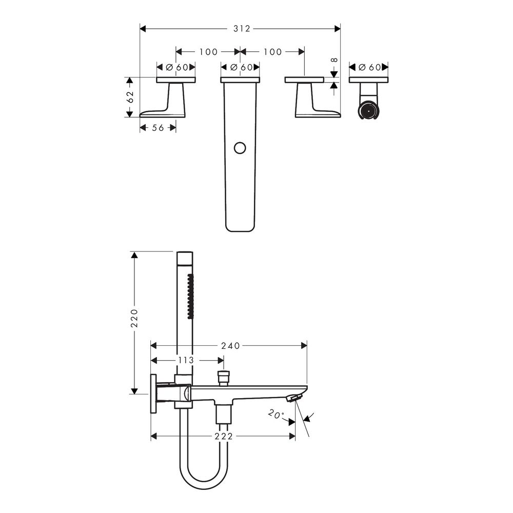 Hansgrohe AXOR Citterio C 3-Loch Wannenmischer Unterputz Wandmontage, Handbrause, C... HANSGROHE-49481820 4059625559642 (Abb. 2)