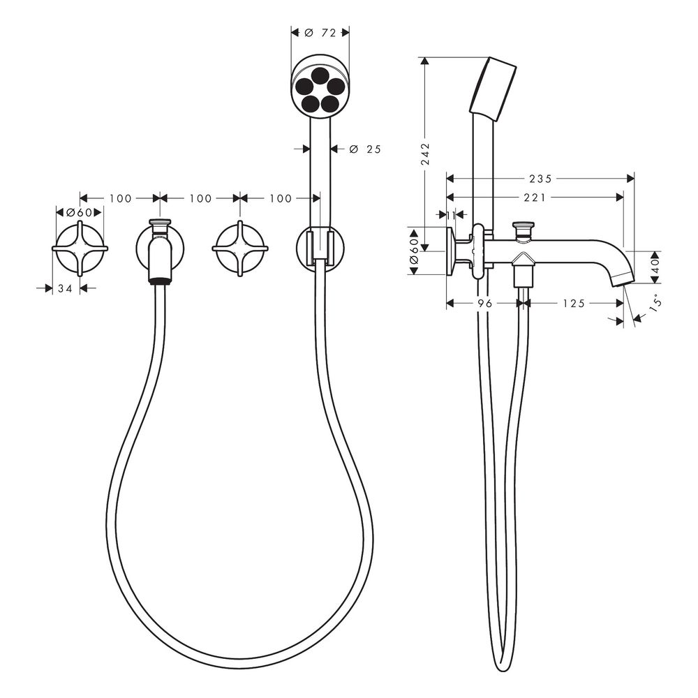 Hansgrohe AXOR One 3-Loch Wannenarmatur Unterputz 25,7l/min für Wandmontage, Kreuzg... HANSGROHE-48443330 4059625746752 (Abb. 2)