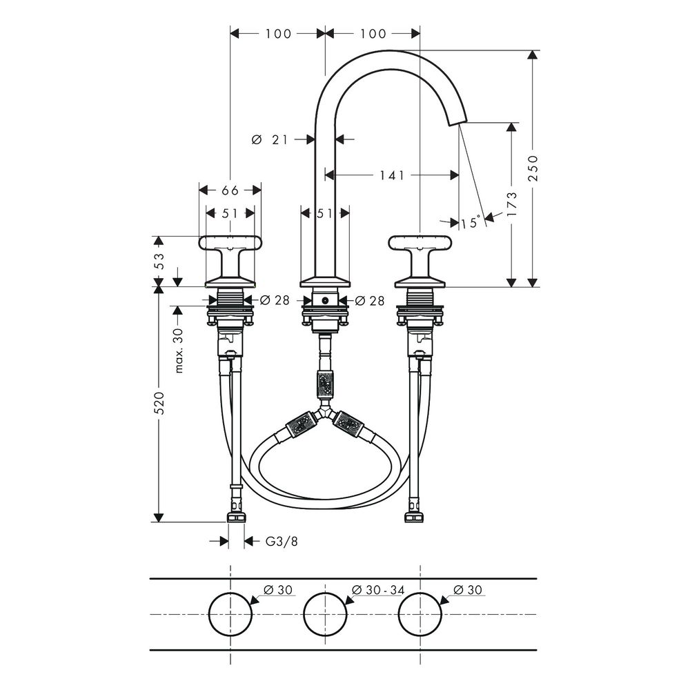 Hansgrohe AXOR One 3-Loch Waschtischarmatur 170mm, 5l/min, Kreuzgriffen, Push-Open ... HANSGROHE-48040950 4059625752371 (Abb. 2)
