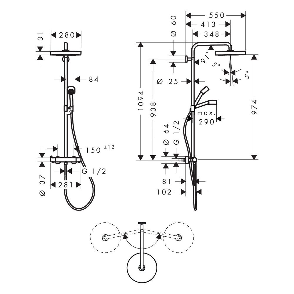 Hansgrohe AXOR One Showerpipe, Thermostat, Kopfbrause 280mm, 13,2l/min, 1jet, Brush... HANSGROHE-48794950 4059625718773 (Abb. 2)