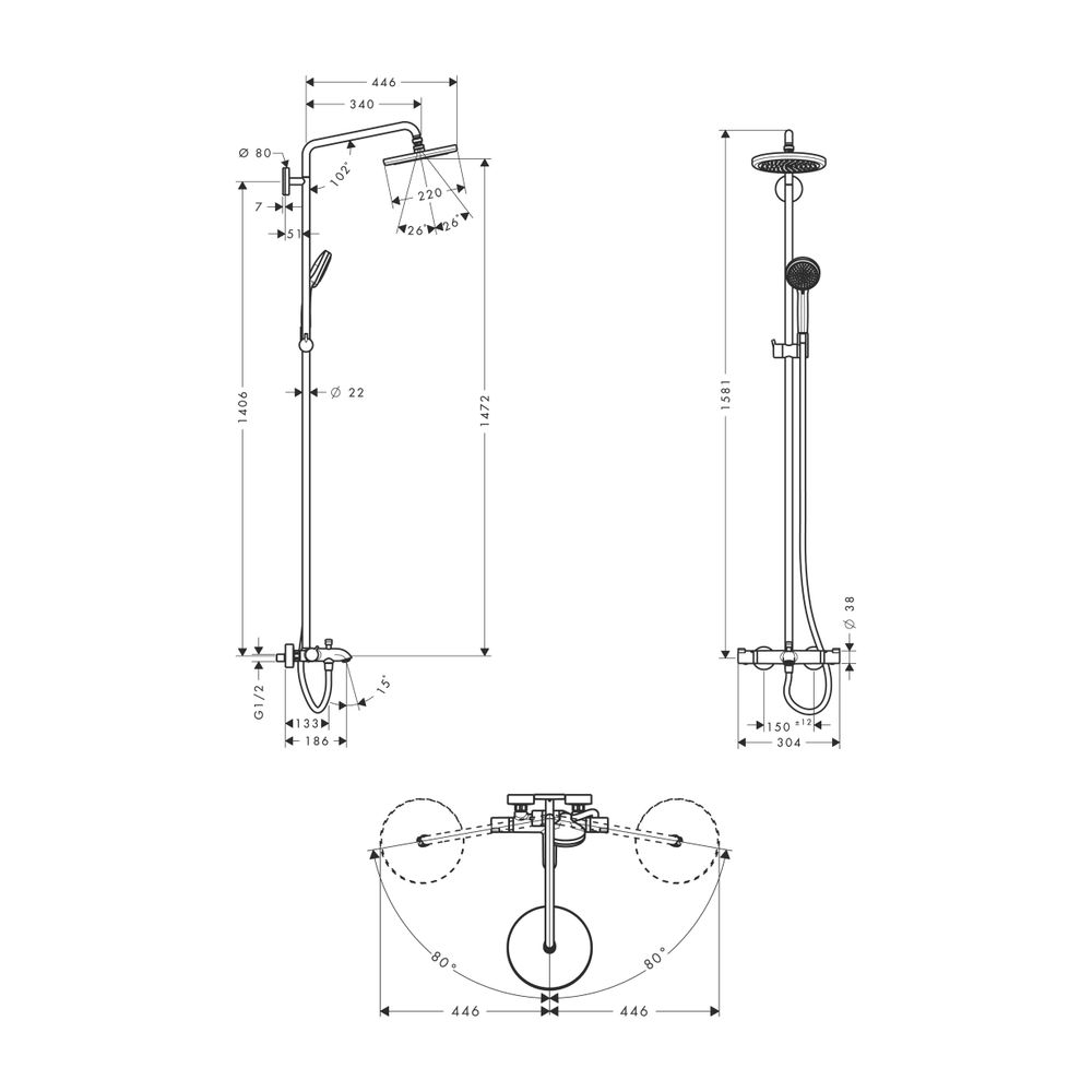 hansgrohe Showerpipe Croma 220 für Wanne chrom mit Thermostat... HANSGROHE-27223000 4011097690162 (Abb. 2)