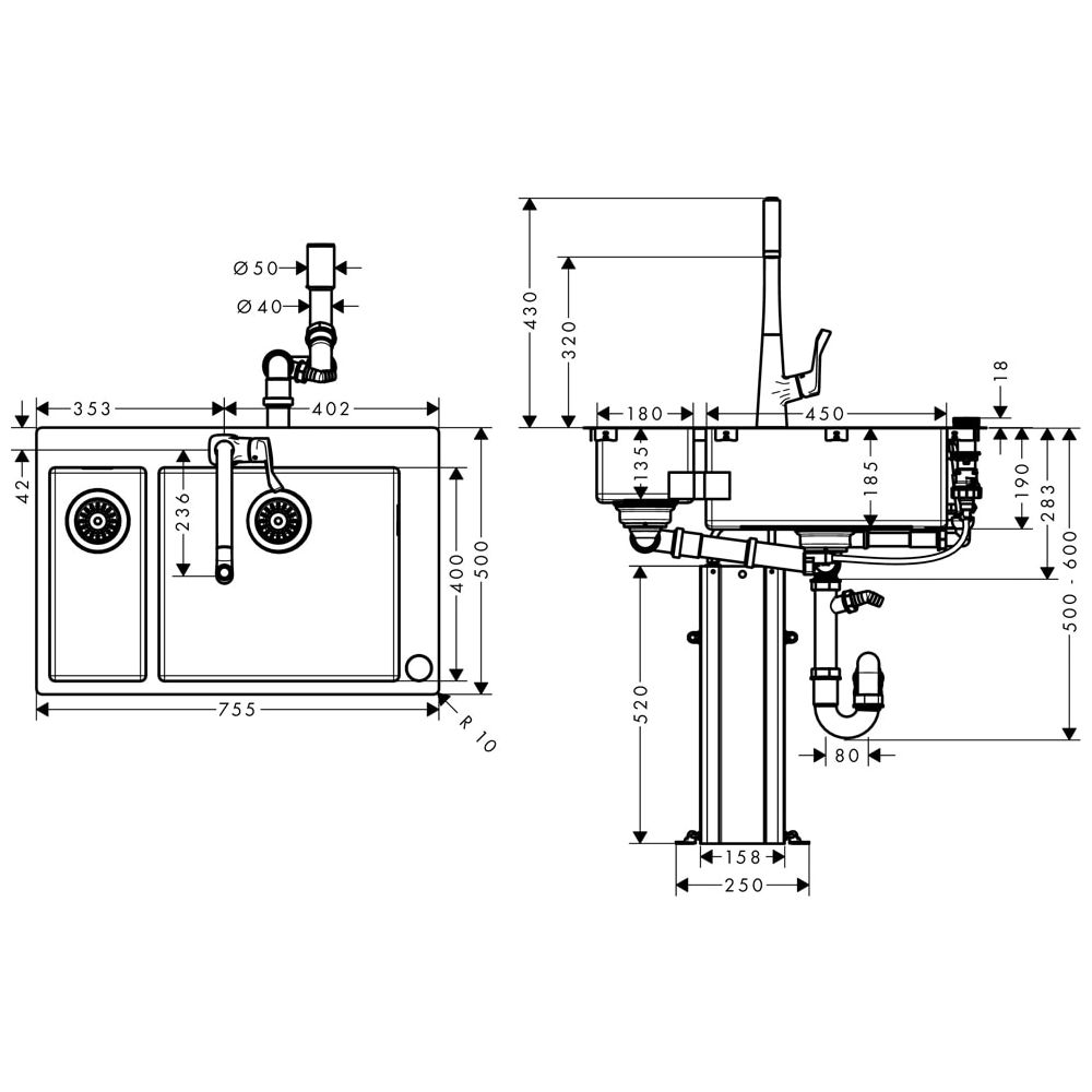 hansgrohe Select Spülencombi 180 x 450 edelstahl-optik C71-F655-04 ST... HANSGROHE-43210800 4059625025437 (Abb. 1)