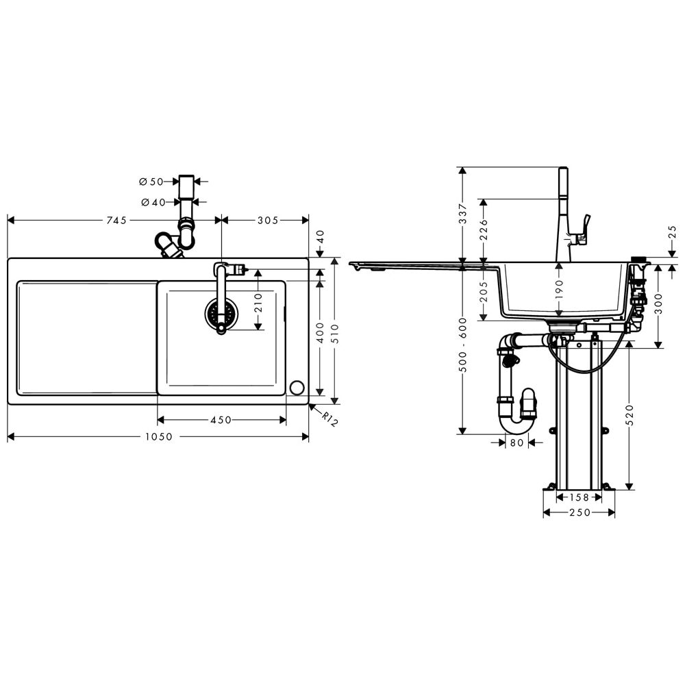 hansgrohe Select 220 Spülencombi 450 mit Abtropffläche C51-F450-03 chrom... HANSGROHE-43214000 4059625100530 (Abb. 1)