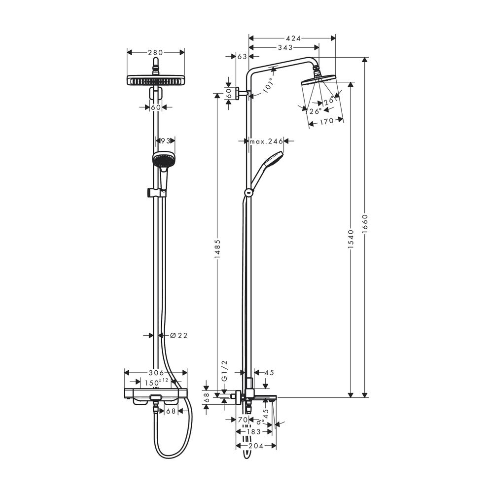 hansgrohe Showerpipe Croma E 280 1jet 20,3 l/min chrom mit Wannenthermostat... HANSGROHE-27687000 4059625196038 (Abb. 2)