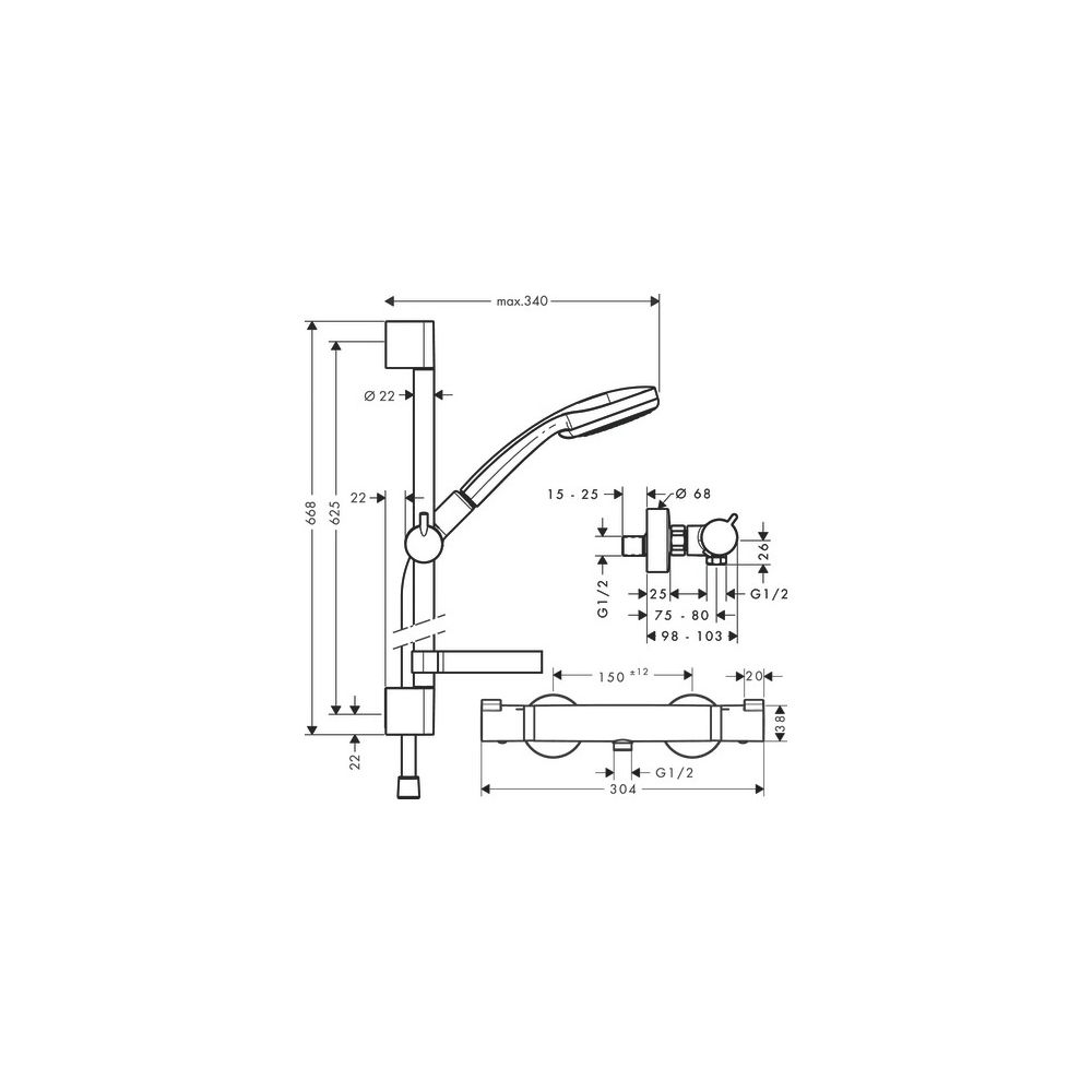 hansgrohe Croma 100 Brausesystem Aufputz Vario, 650mm Brausestange, Chrom, Ecostat ... HANSGROHE-27034000 4011097679679 (Abb. 3)