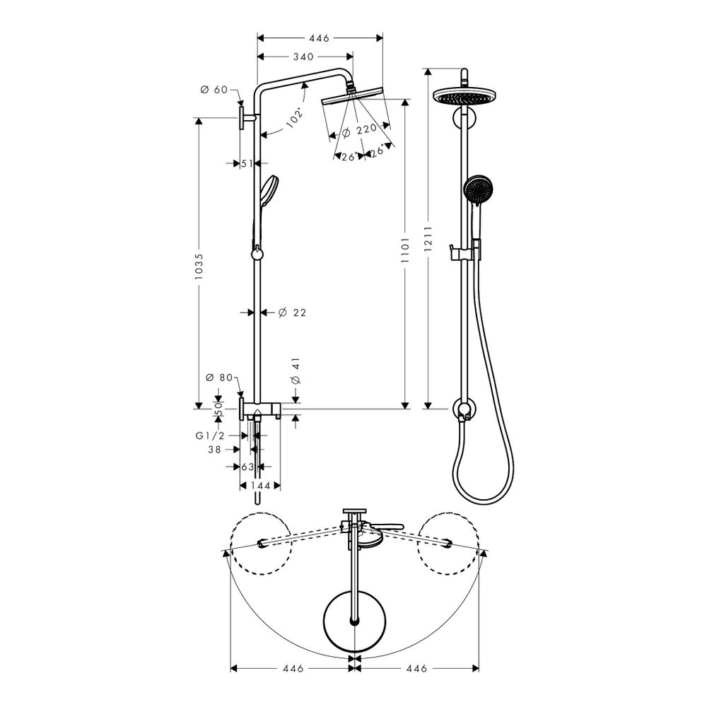 hansgrohe Croma Showerpipe 220mm 1jet 18,5l/min Reno, Chrom... HANSGROHE-27224000 4011097690179 (Abb. 4)